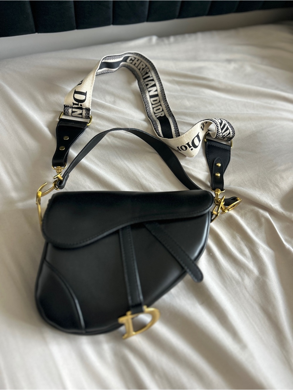 Dior Black Saddle Crossbody with White Logo Strap